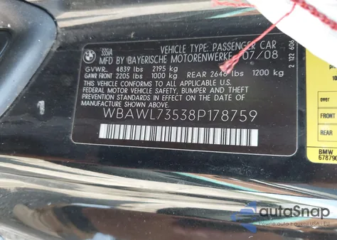 2008 BMW 335I z USA, uszkodzony, nr VIN WBAWL73538P178759